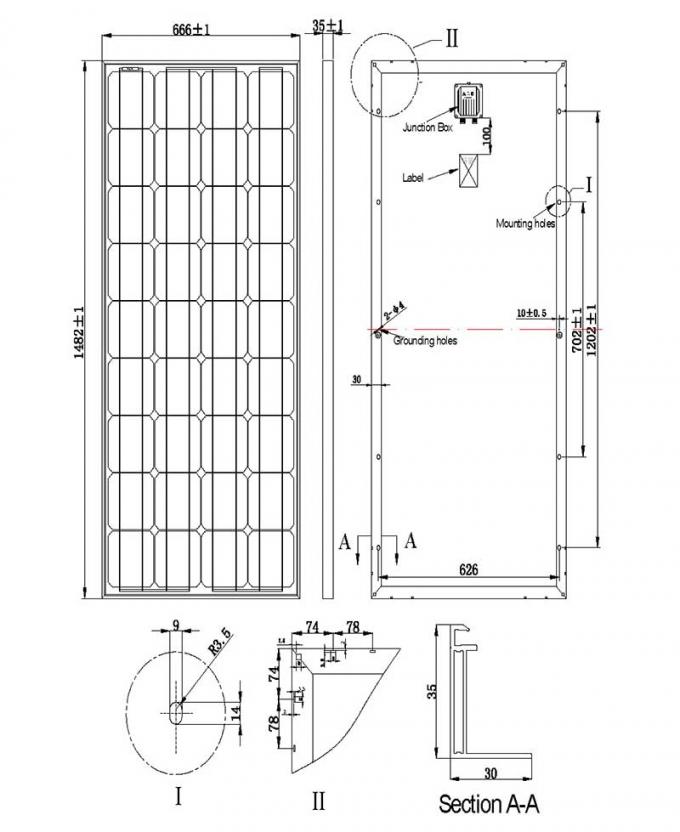 Pequeño gráfico de tallas del montaje del panel solar 160W-165W-170W-18V